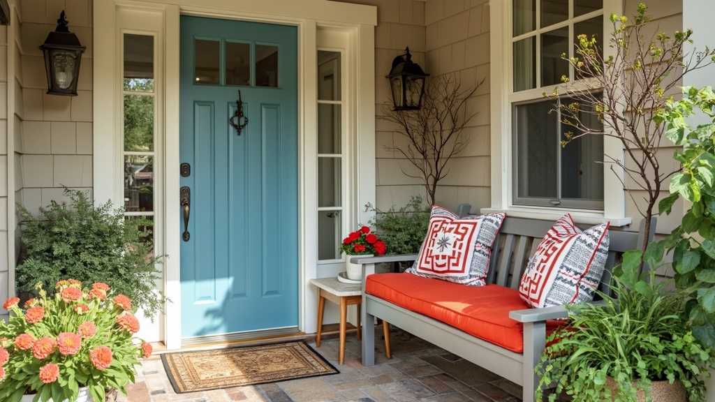 Cozy front door seating with a bench, vibrant cushions, side table, and decorative plants for charm.