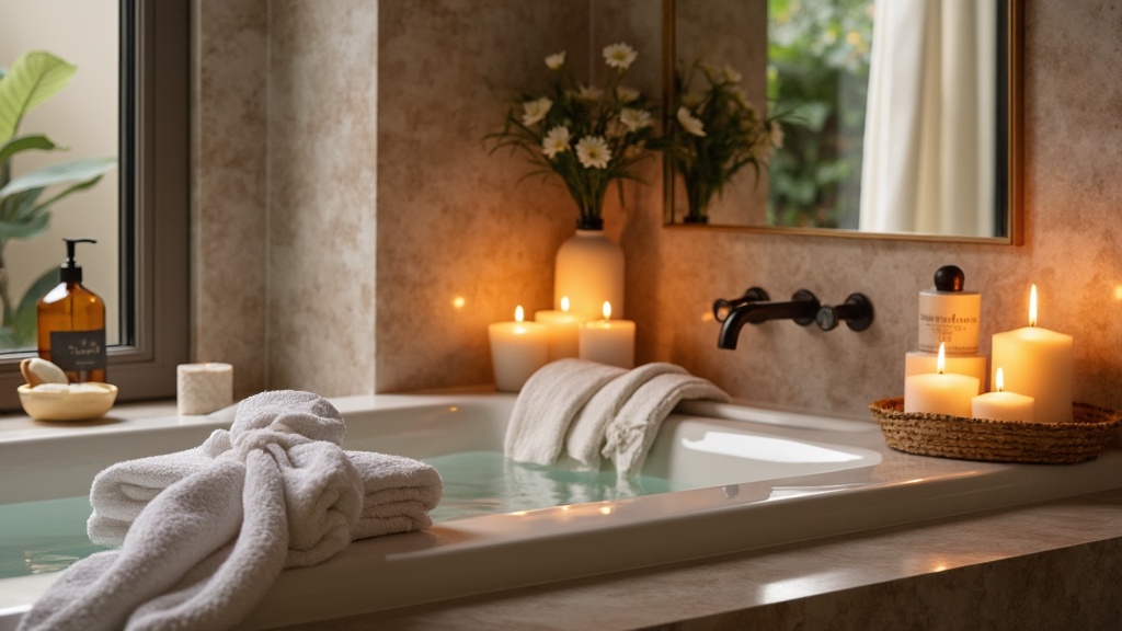 Cozy bathroom spa retreat with candles, plush robes, and decorative shelves for a relaxing ambiance.
