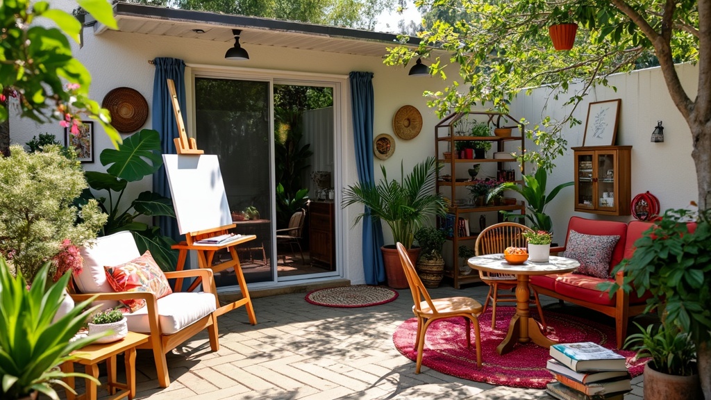 A colorful backyard patio designed as an artist retreat, featuring an easel, plants, and art decor.