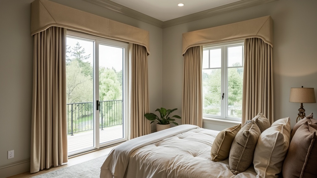 Stylish fabric-covered cornice above sliding glass doors enhances decor and conceals hardware elegantly.