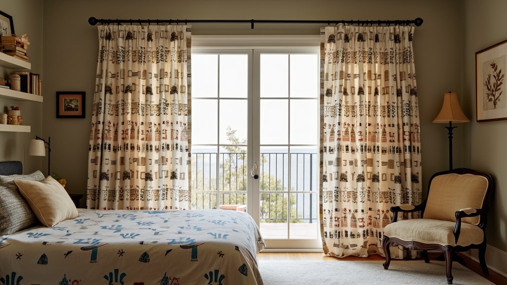 Custom-printed curtains showcasing family photos and art enhance bedroom decor with personal flair.