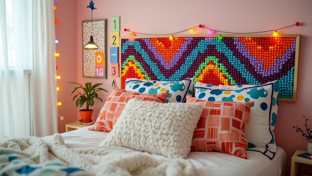 A DIY beaded headboard made with a wooden frame and colorful plastic beads, enhancing room decor.
