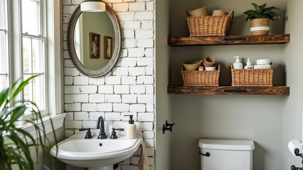 DIY open shelving in a bathroom with reclaimed wood, displaying baskets, toiletries, and decorative plants.