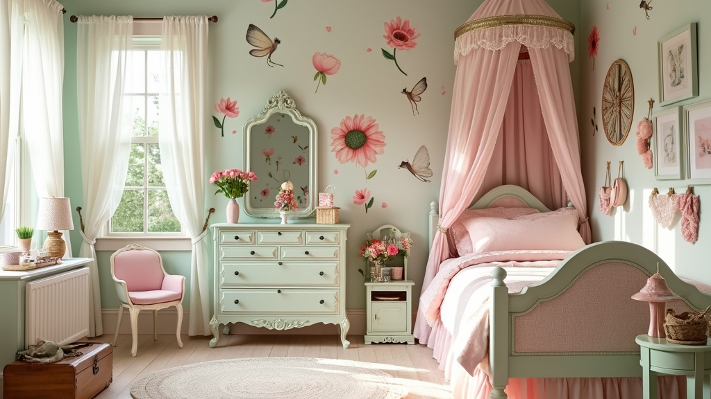 Victorian-style child's bedroom with pastel colors, intricate bed, toy chest, fairies, and floral wallpaper.