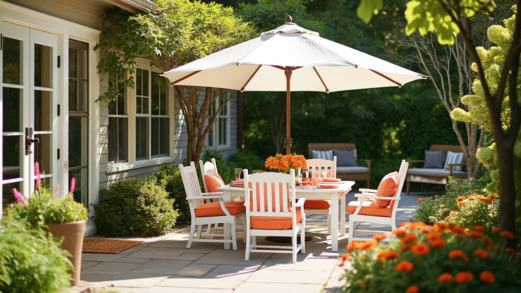 Sunlit patio with white furniture, colorful pillows, market umbrella, and vibrant flower beds in greenery.