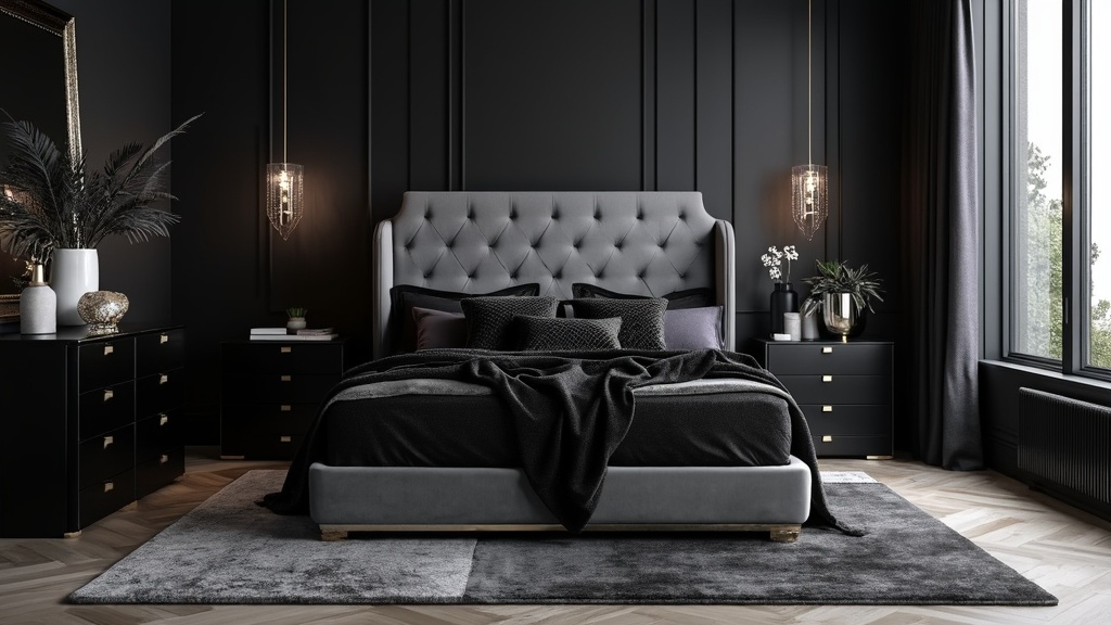 Dark luxe bedroom with black walls, grey velvet headboard, elegant furnishings, and soft strategic lighting.