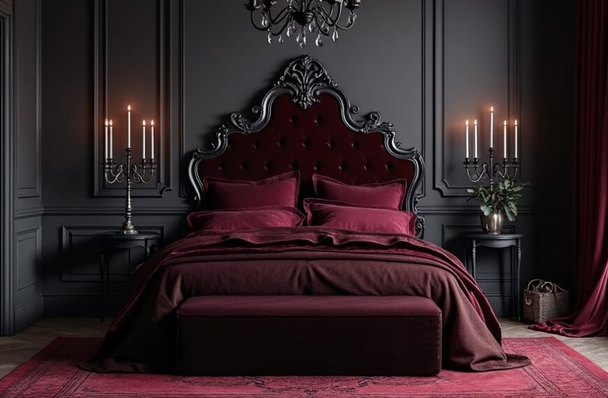 Romantic goth bedroom with velvet fabrics, burgundy bedding, ornate headboard, and vintage chandelier.