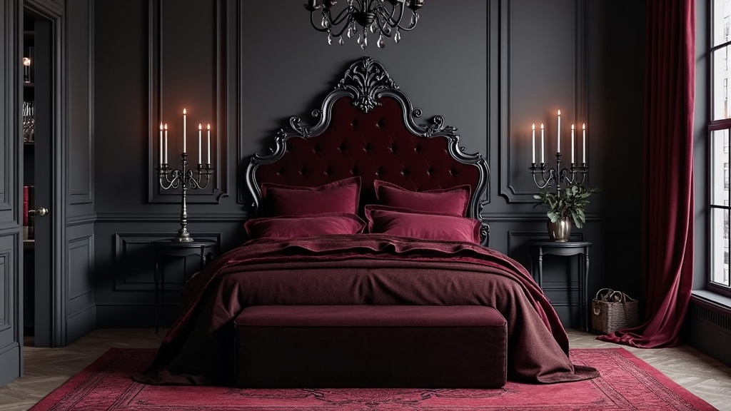 Romantic goth bedroom with velvet fabrics, burgundy bedding, ornate headboard, and vintage chandelier.