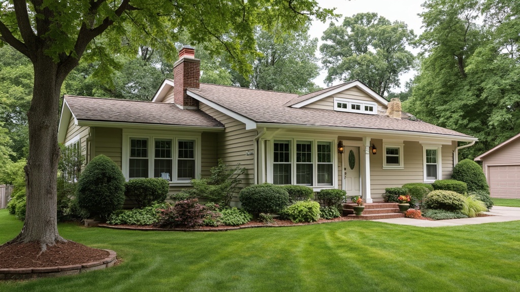 A renovated 70s ranch home with new gutters, decorative fascias, and a stylish roofline design.