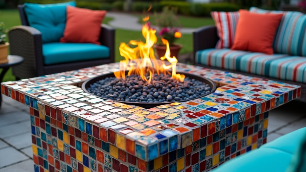 Colorful mosaic tile fire pit as a centerpiece for outdoor gatherings, surrounded by matching seating.