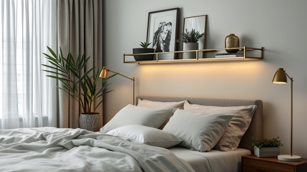 Decorative mirror shelf above bedside table, enhancing space with style, storage, and light reflection.