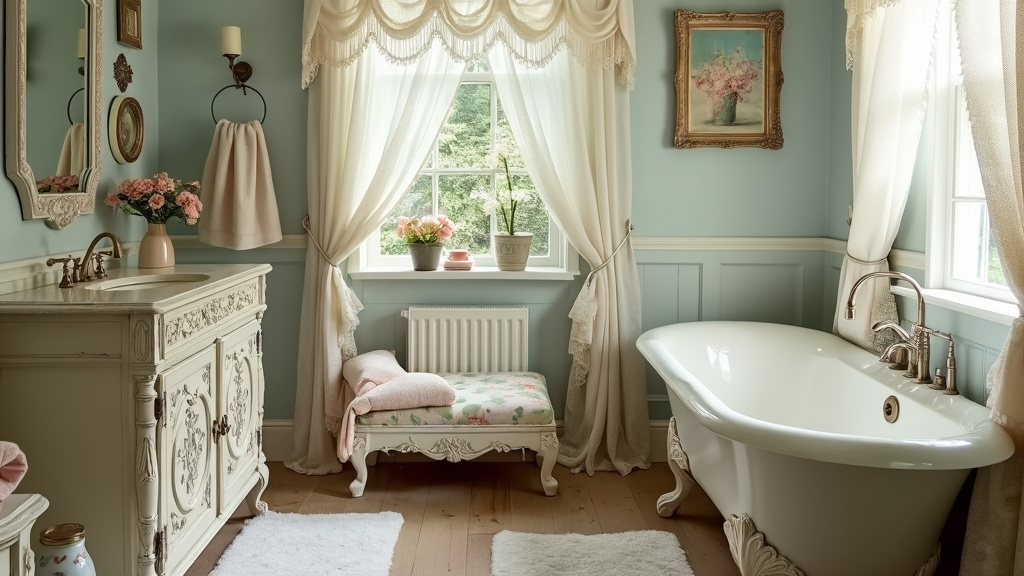A cozy bathroom with vintage decor, lace curtains, soft pastel walls, and a charming freestanding tub.