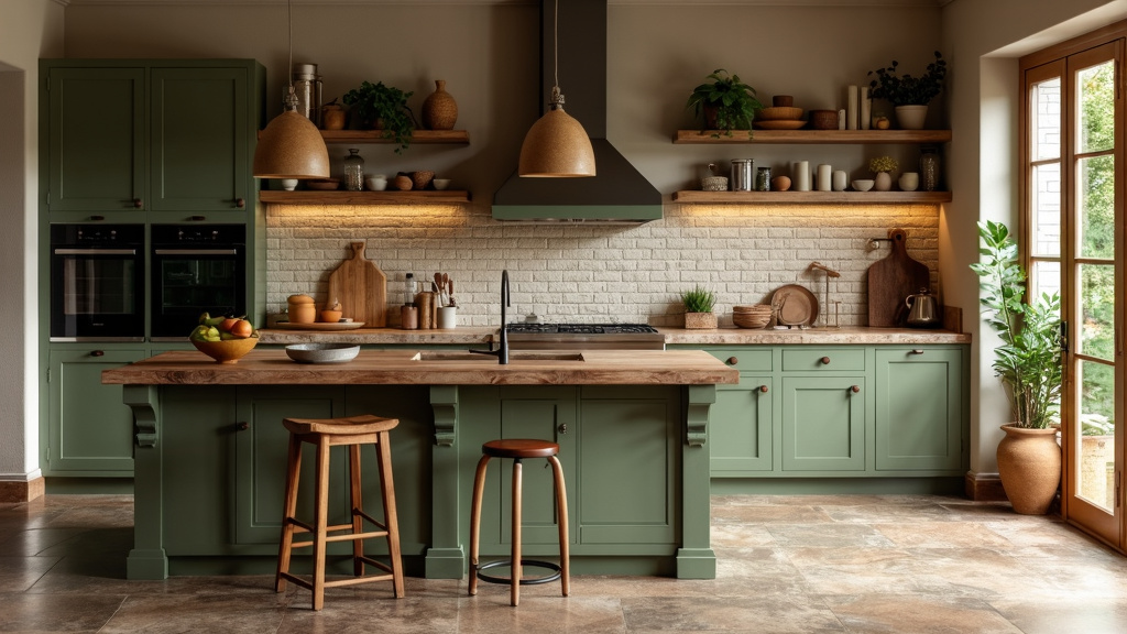 Earthy elegant kitchen with olive green cabinetry, reclaimed wood island, and textured ceramic tiles.