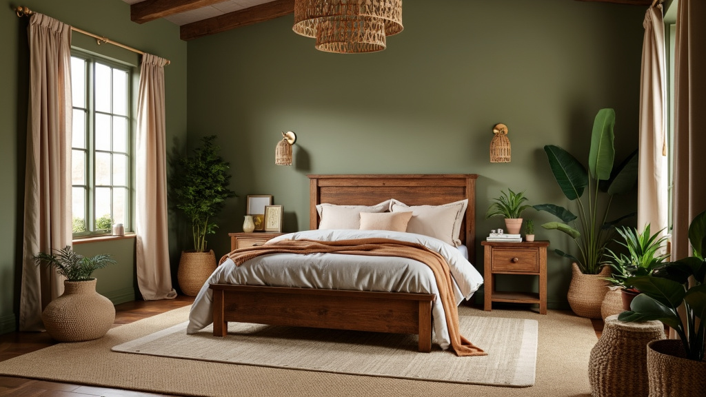Victorian-inspired bedroom with olive green walls, rustic wood bed, warm fabrics, plants, and baskets.