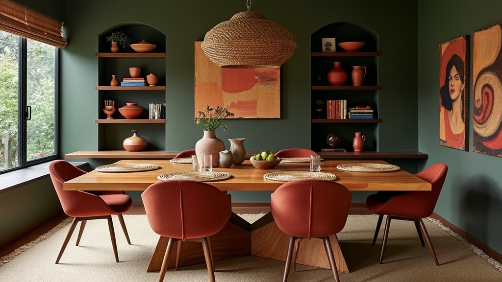 Mid-Century Modern dining room with wooden table, terracotta chairs, earthy tones, and unique chandelier.