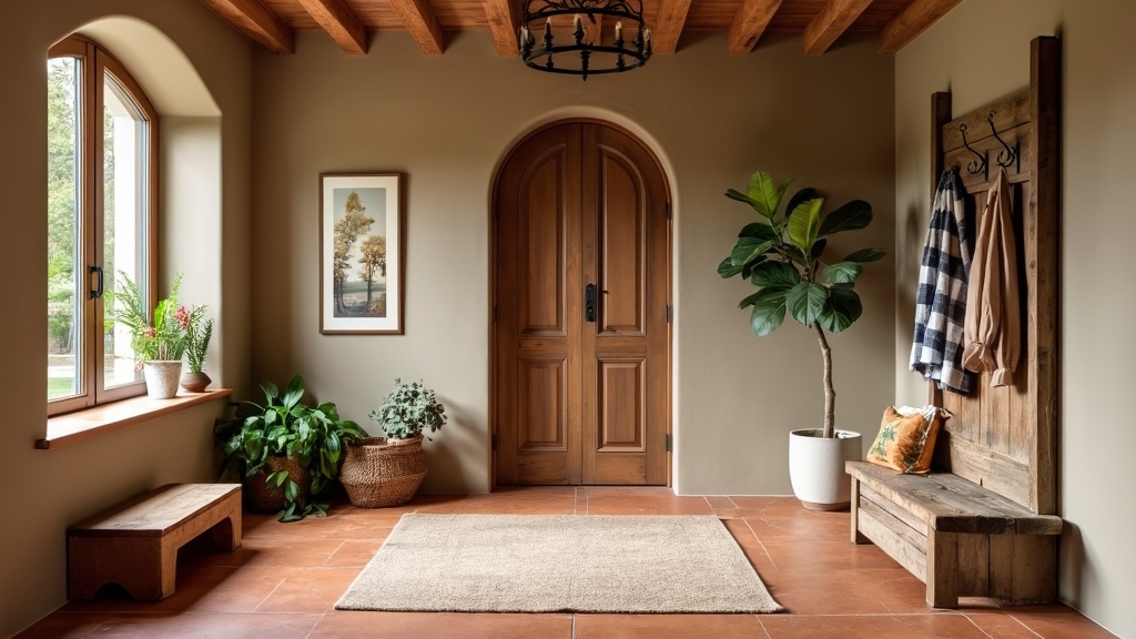 Earthy tones entryway with terracotta tiles, wooden ceilings, taupe walls, hall tree, rustic bench, plants.