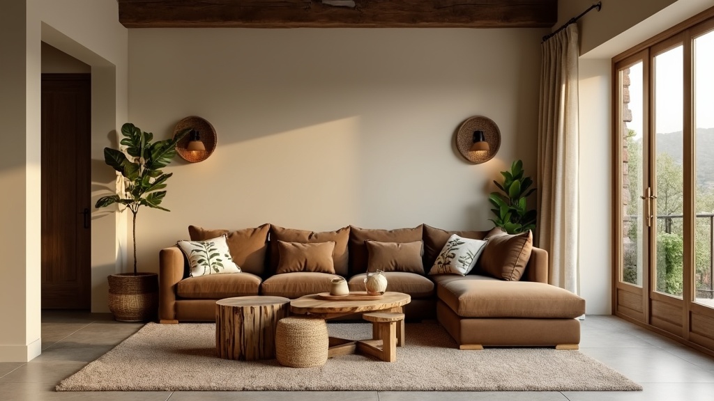 Earthy tones living room with beige walls, brown sectional, rustic coffee table, and indoor plants.
