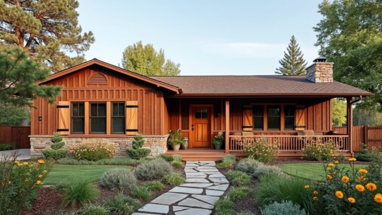 70s ranch home remodel featuring earthy tones, wooden door, stone pathway, and wildflower gardens.