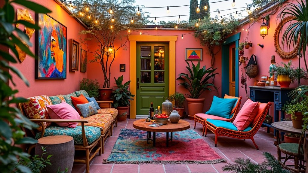 Eclectic patio with colorful mismatched furniture, vibrant textiles, artful decorations, and fairy lights.