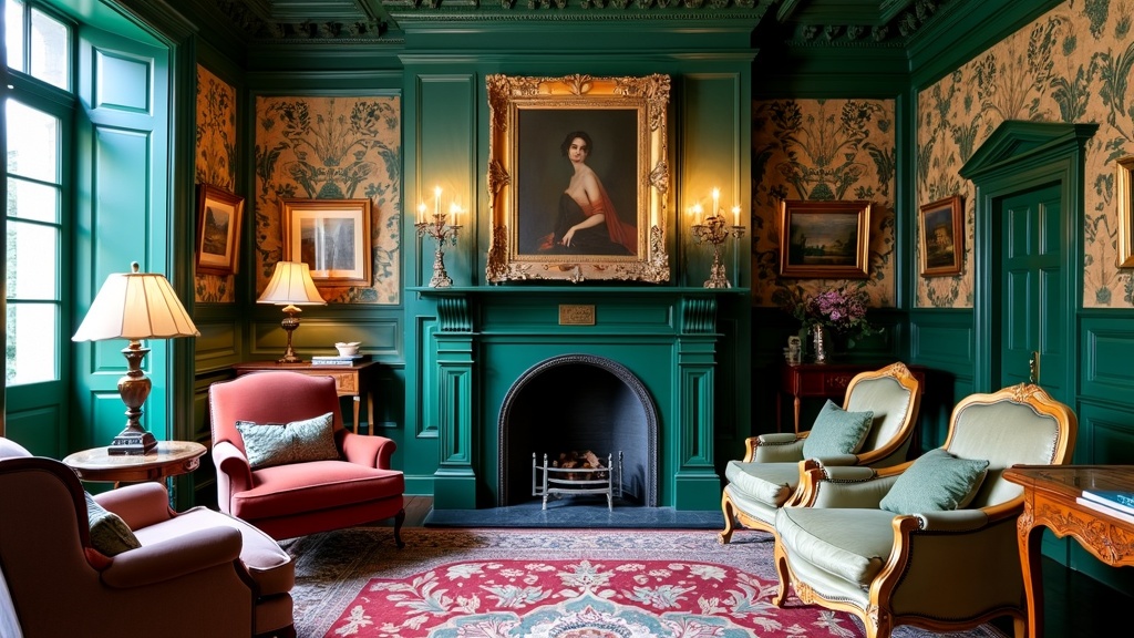 Eclectic Victorian living room with vintage charm, rich jewel tones, antique furniture, and modern art.