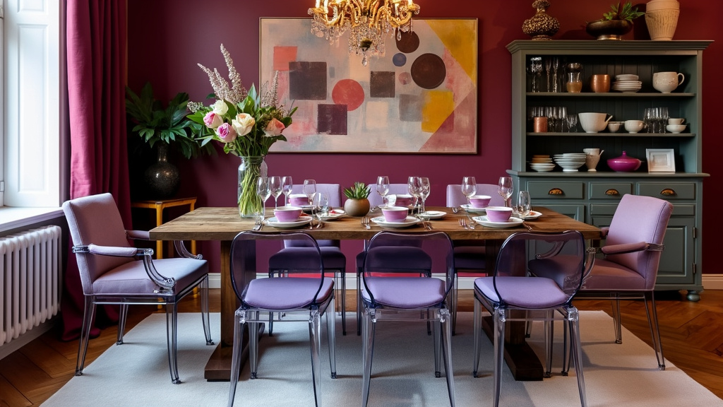 Dining setup with rustic farmhouse table, modern acrylic chairs, mismatched dishware, warm colors.