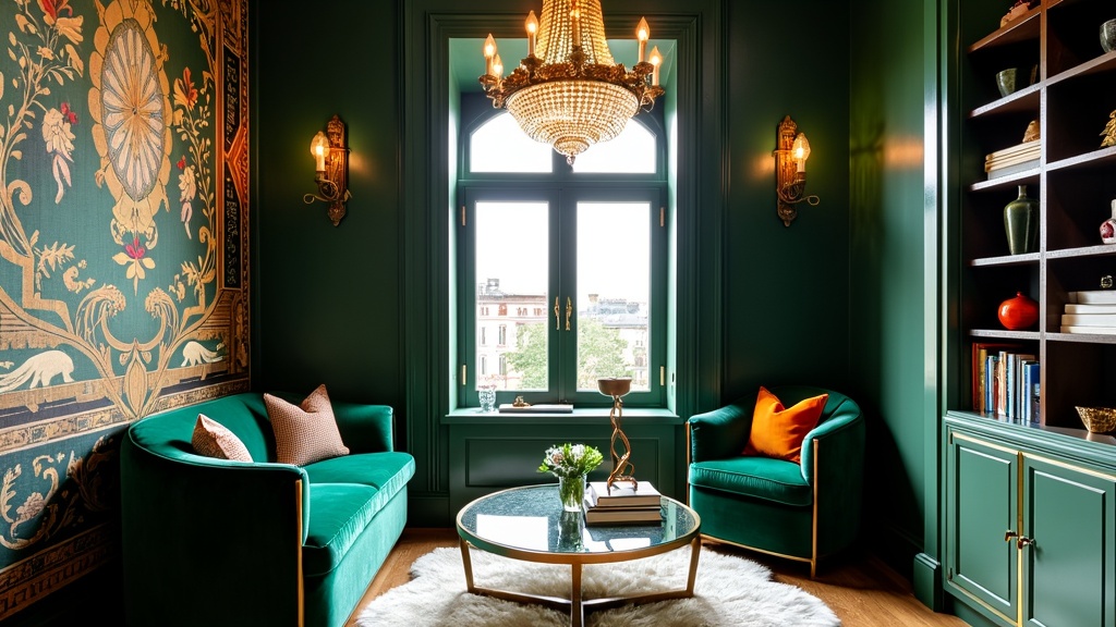 Art Deco reading nook with emerald green chair, gold side table, tapestry walls, and geometric bookshelf.
