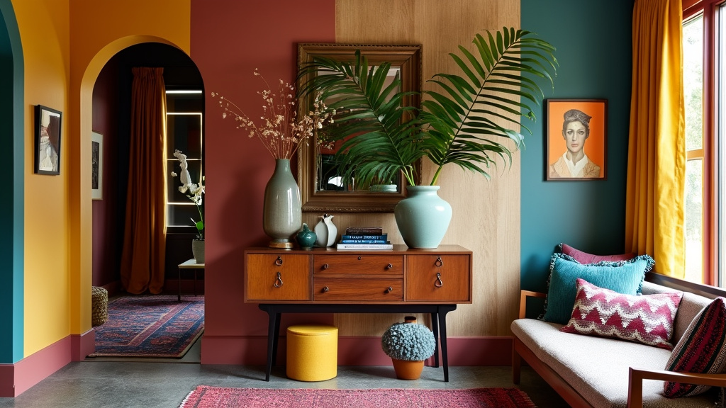 Vibrant entryway with bold colors, vintage console table, eclectic decor, art pieces, and textured layers.
