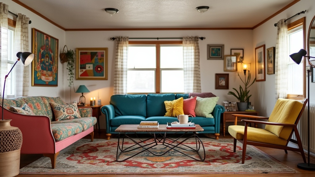 Eclectic mobile home living room with mixed styles, colorful rugs, bold art, and diverse furniture.