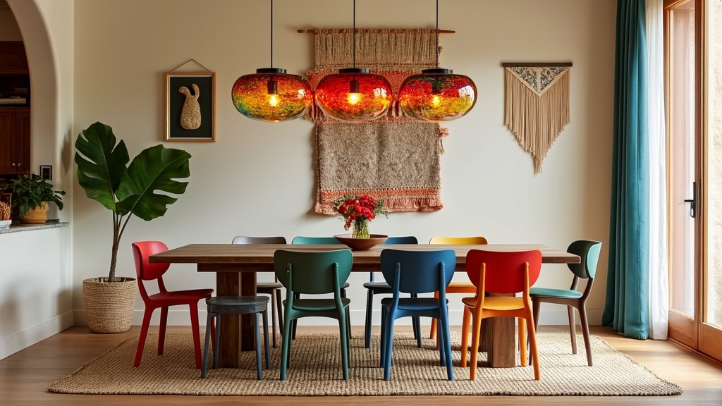 Eclectic dining room with a wooden table, mismatched colorful chairs, vibrant decor, and pendant lighting.