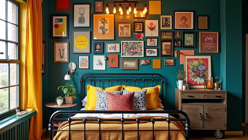 Eclectic industrial bedroom with vibrant colors, repurposed materials, artwork, and Edison bulb lighting.