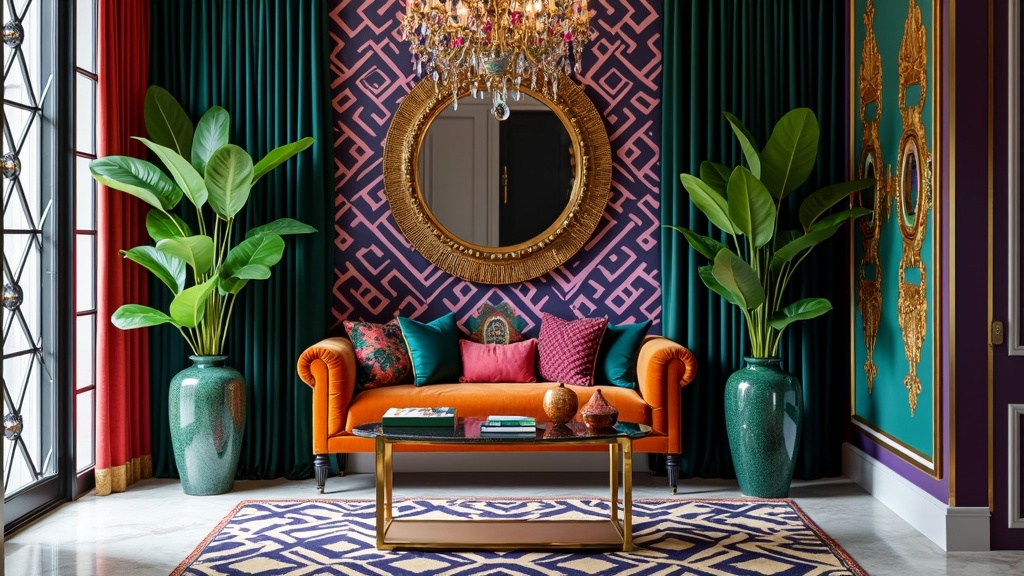 Eclectic entryway with rich jewel tones, velvet bench, ornate mirror, colorful chandelier, and plants.