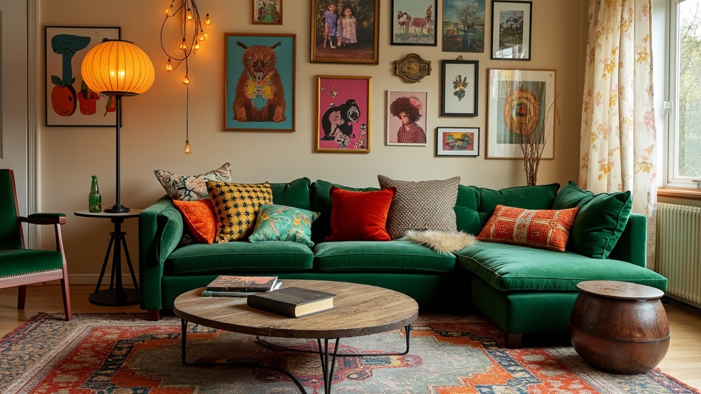 Eclectic living room featuring a deep green velvet sofa, colorful textiles, beige walls, and unique decor.