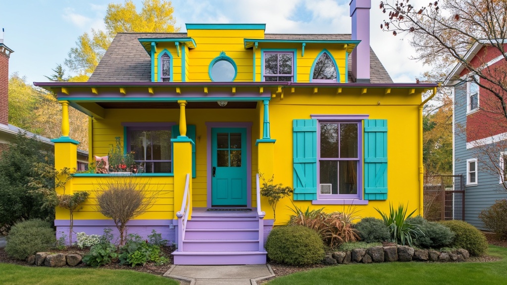Eclectic home with lemon-yellow exterior, teal and lavender accents, and unique window shapes.