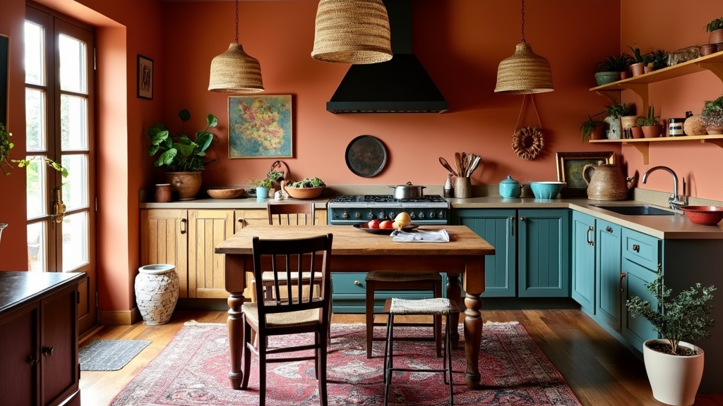 Cozy, eclectic kitchen with vintage furniture, terracotta walls, layered rugs, and woven pendant lights.