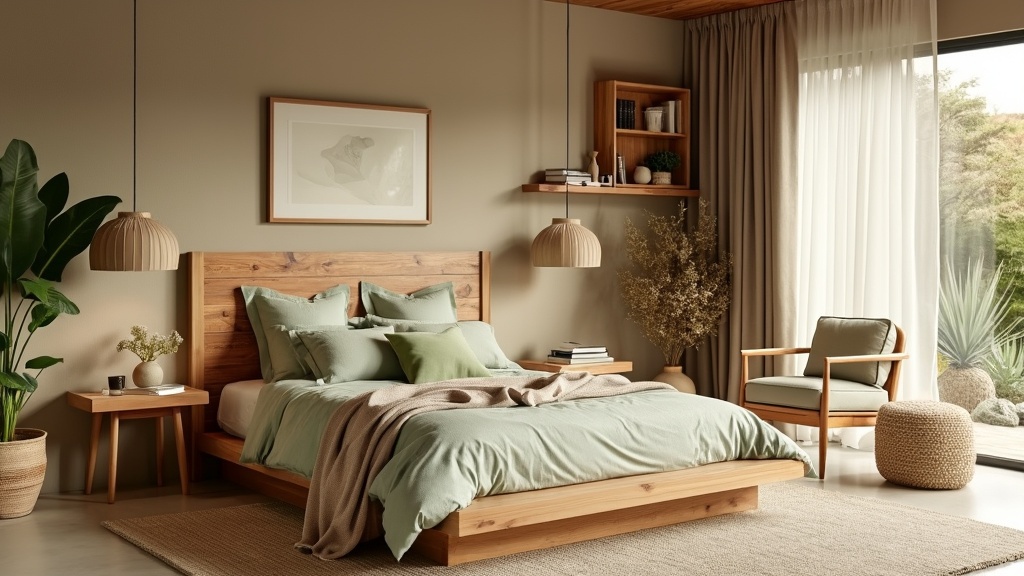 Eco-friendly bedroom with reclaimed wood bed frame, organic cotton bedding, bamboo furniture, and natural decor.