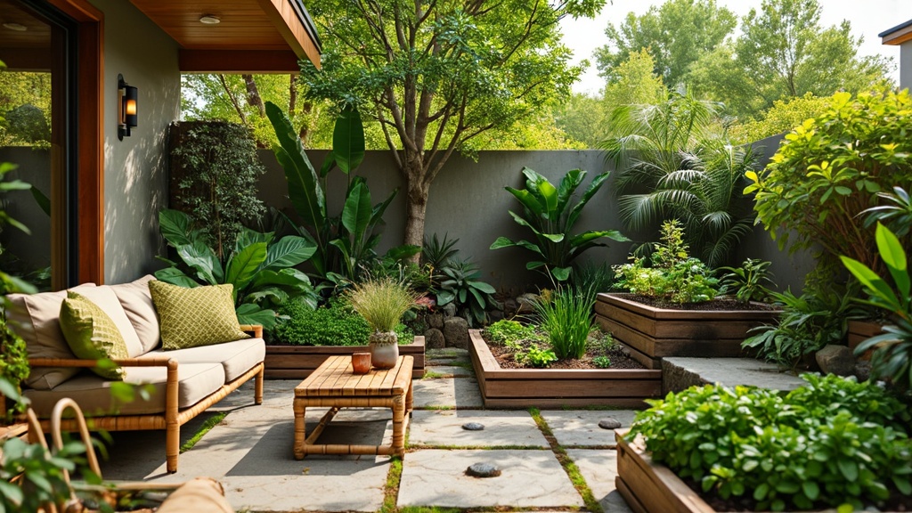 An eco-friendly backyard patio featuring bamboo furniture, solar lights, raised garden beds, and native plants.
