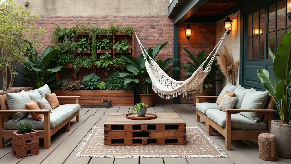 Eco-friendly industrial patio with reclaimed wood, upcycled furniture, vertical garden, and solar lanterns.