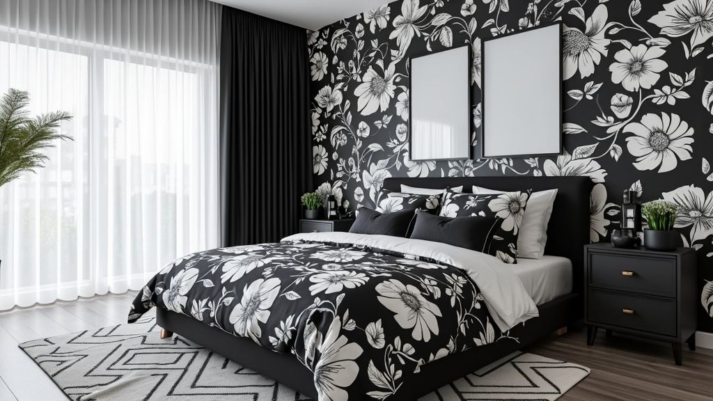 Black and white floral curtains enhance a chic bedroom with a timeless, sophisticated design contrast.