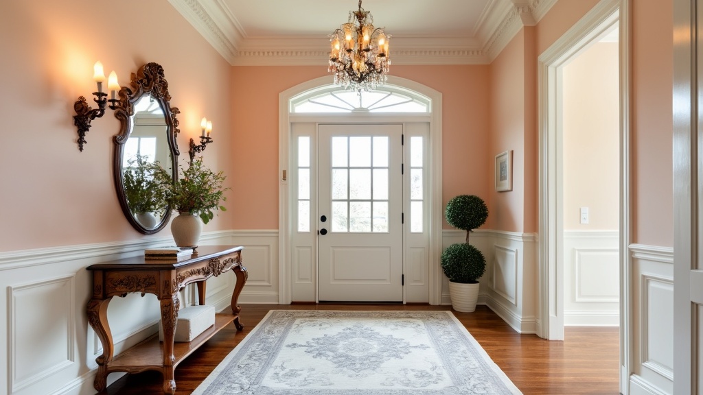 Elegant entryway with peach walls, white moldings, wooden accents, ornate mirror, and soft lighting.