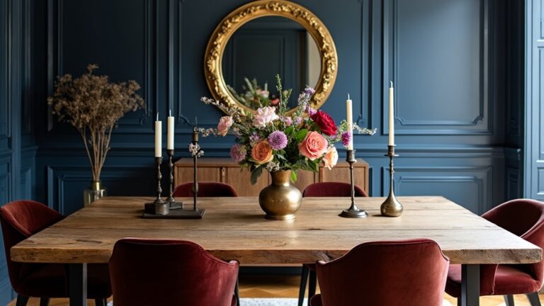 Elegant dining room with reclaimed wood table, velvet chairs, gold accents, flowers, and candle holders.