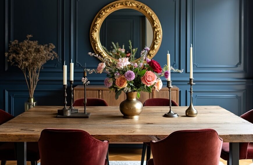 Elegant dining room with reclaimed wood table, velvet chairs, gold accents, flowers, and candle holders.
