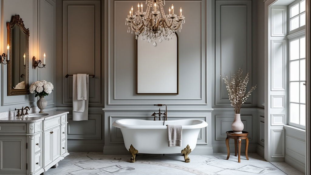 Elegant bathroom with Victorian design, grey and white hues, chandelier, freestanding tub, and floral accents.