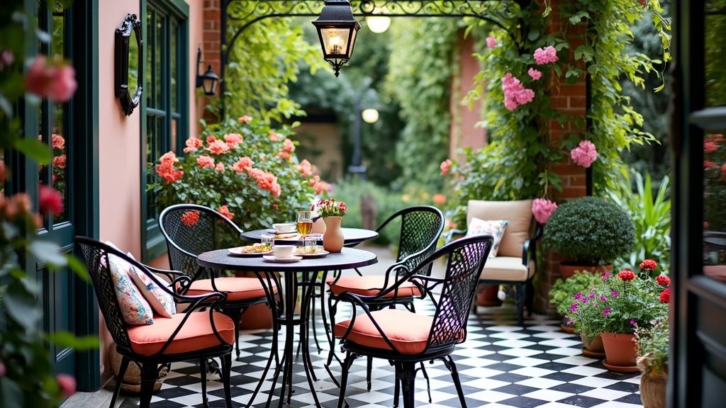 Elegant French bistro patio with black wrought iron furniture, blooming flowers, and checkerboard tiles.