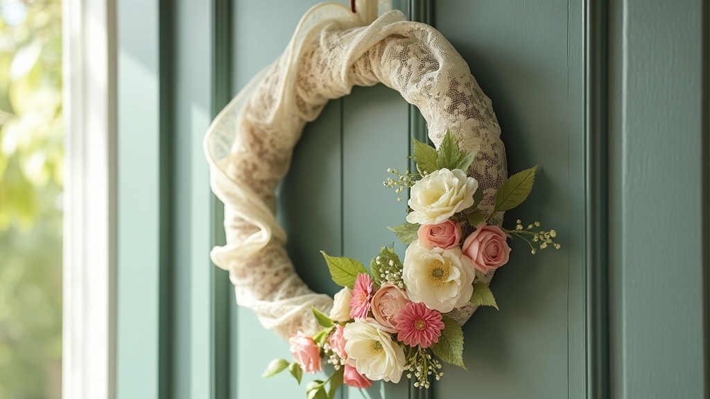 A sophisticated lace wreath adorned with soft flowers, ideal for traditional homes, creating warmth.