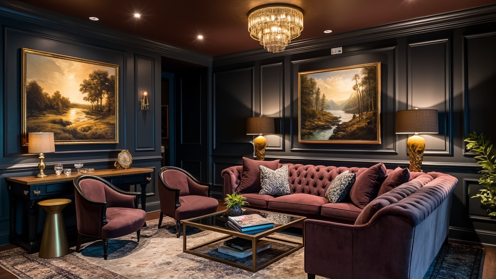 Elegant basement lounge with rich colors, classic furniture, stylish lighting, and sophisticated artwork.