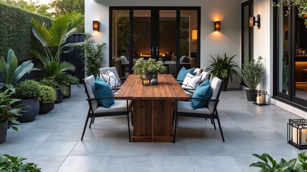 Elegant modern patio with porcelain tiles, resin furniture, potted plants, and a wooden dining table.