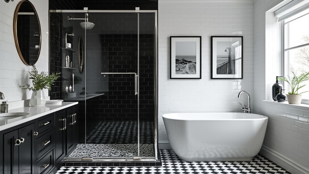 Elegant monochrome shower tub combo with black and white checkerboard tiles, chrome fixtures, and glass.