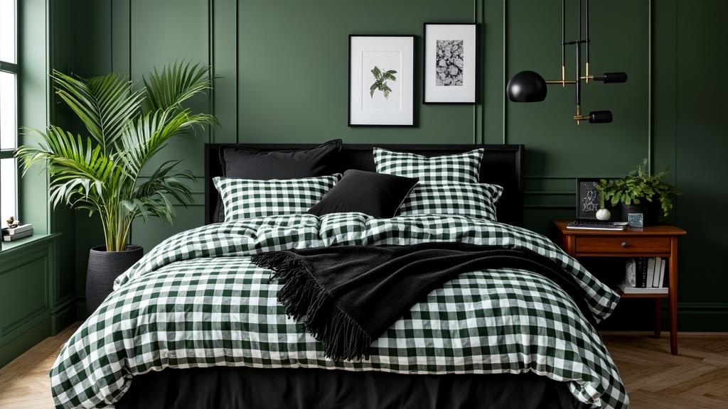 Elegant monochrome bedroom with green gingham bedding, black and white accents, and textures layered.