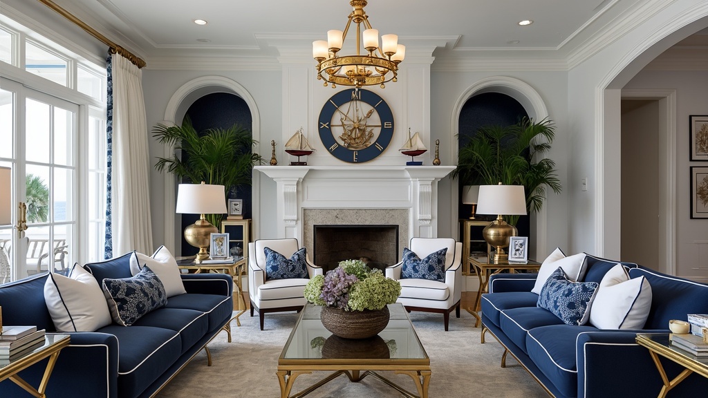Nautical-themed interior with navy sofa, white accents, gold side tables, and marine-inspired decor.