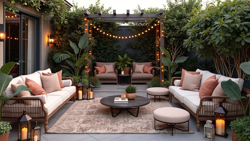 Luxurious outdoor retreat with plush seating, muted colors, bar station, lanterns, and lush plants.